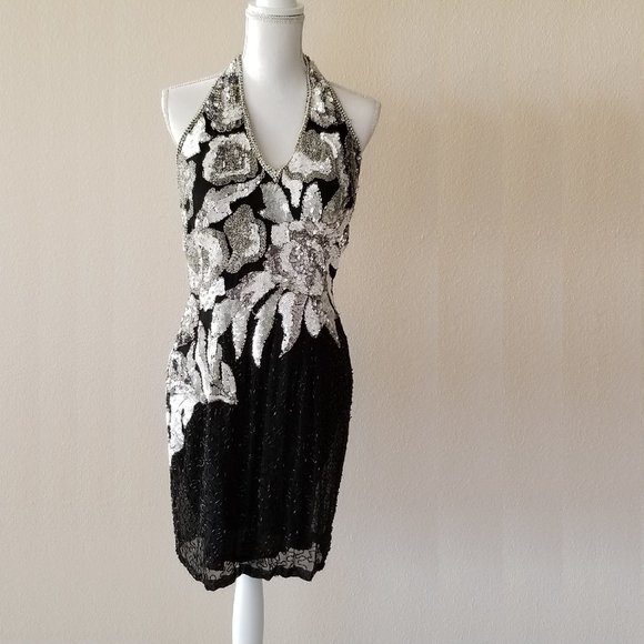 Niteline Dresses & Skirts - Backless Halter Beaded and Sequin Cocktail Dress